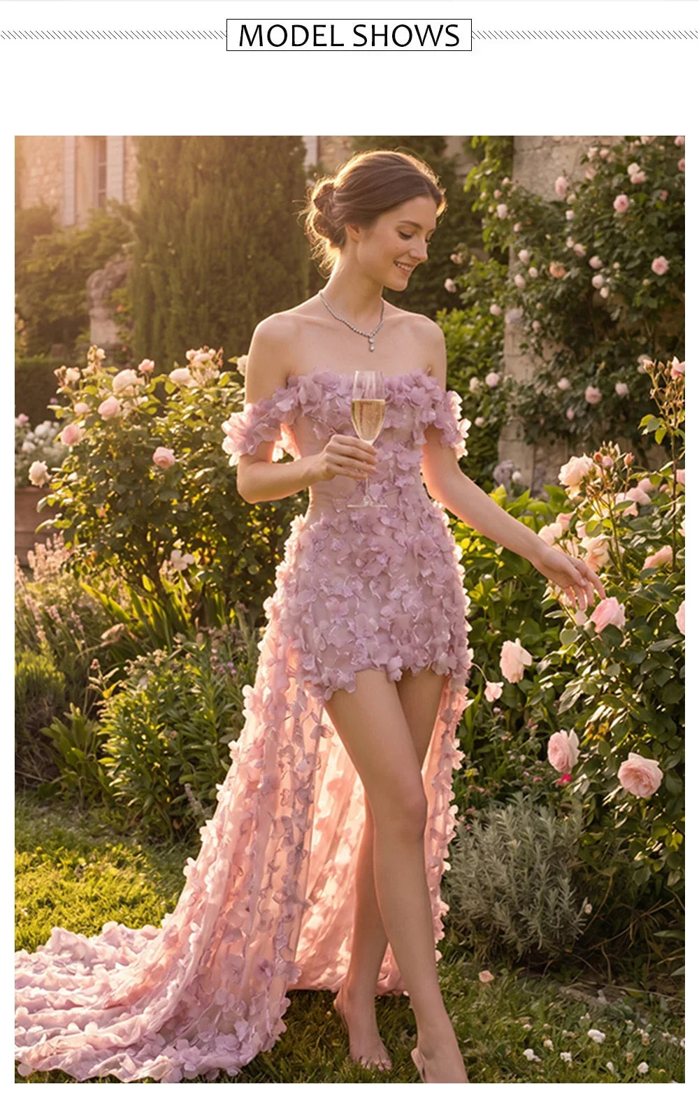 Pink Off Shoulder Mini Evening Dress 3D Handmade Floral Petal Appliques Long Train Tulle Formal Prom Gown Sexy High Split