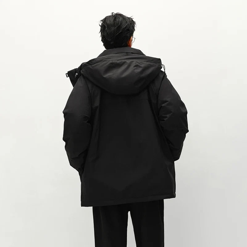 Down Jacket Men Mid-Length Hooded Sport Colorblock 2026 Winter Man Clothes Warm Outerwear Windproof Warm Colorblock Design