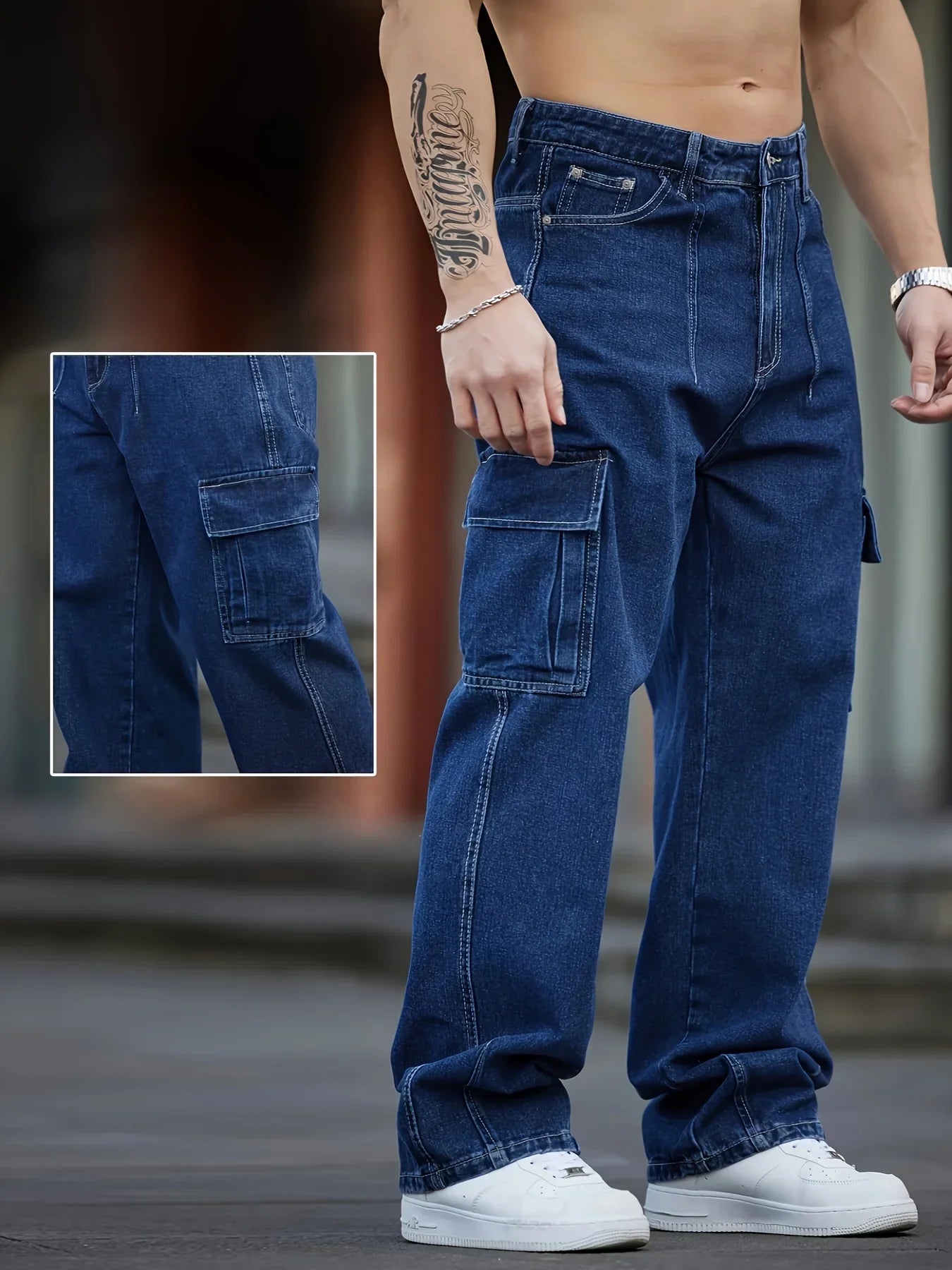 Men's Deep Blue Washed Denim Workwear Jeans Casual Multiple Pockets Design Loose Wide Leg Trousers Y2K Style Cargo Pants