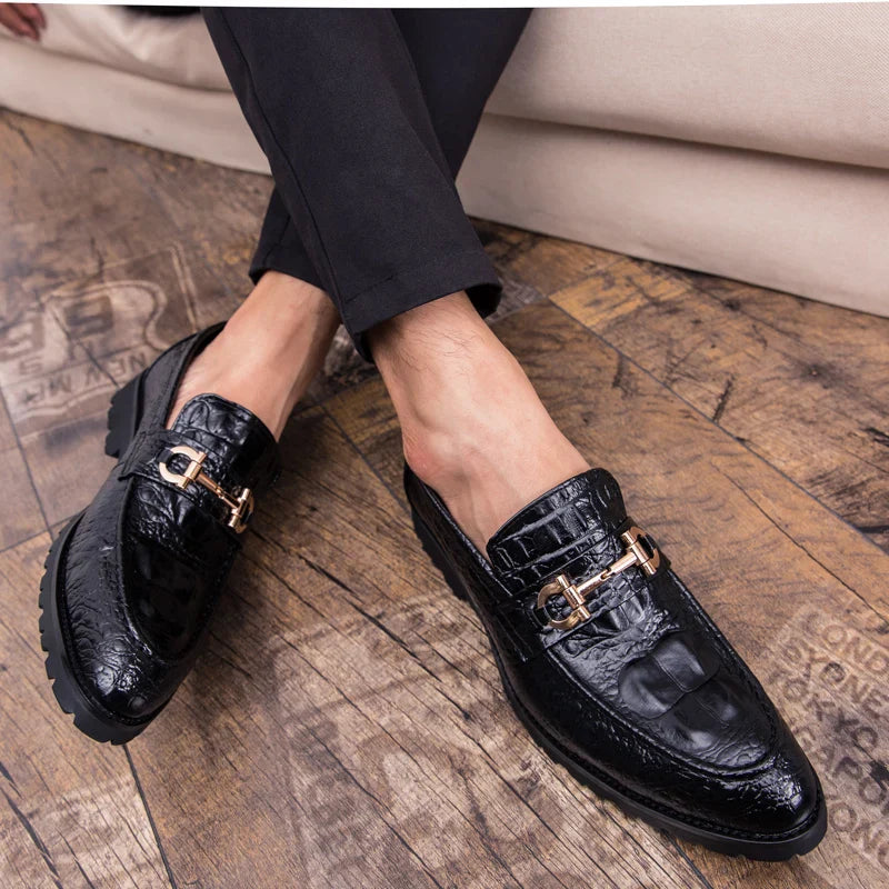 Men’s leather dress shoes pointed toe business casual formal metal detail black