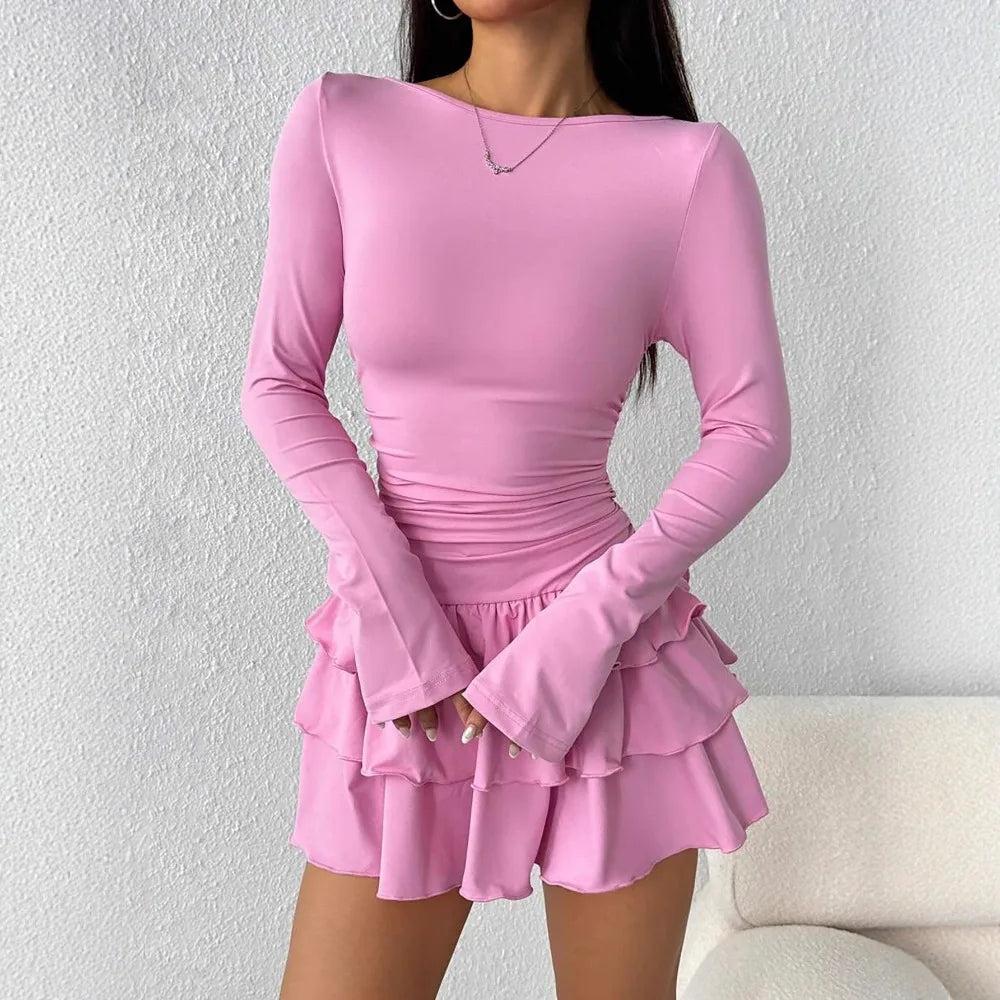 Autumn Winter Solid Color Slim Fit Cascading Ruffles Mini Dress Women Elegant Flare Sleeve High Waist Sexy Party Bodycon Dresses