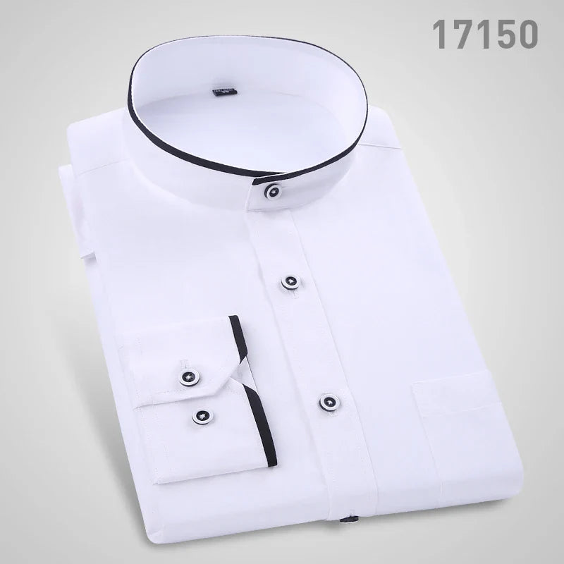 Men's stand up collar shirt classic round neck slim fit vertical collar long sleeved white shirt