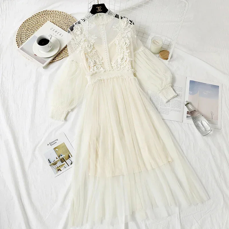 Lace Flower Mesh Summer Dress Women Lantern Sleeve White Casual Dresses Female Party Vintage Slim Women Dress 2 Piece Sets 12041