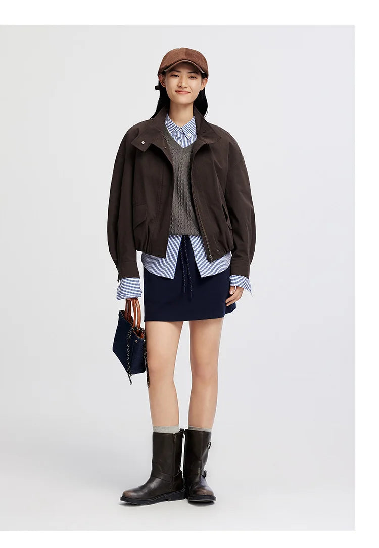 Women Jacket Solid Stand Collar Bubble Hem Oversize Dropped Shoulder Casual Style Autumn Outerwear Daily Wear 2026