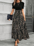 Elegant Floral Print Round Neck Long Dresses Women Short Sleeve High Waist Lace-up Office Lady Holiday Party Dresses Vestidos