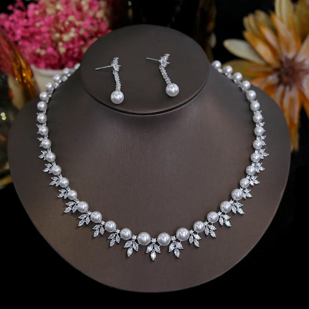 Pearl Necklace For Women Luxury High Quality Flower Shape 2 Pieces Clear Cubic Zircon Female Jewelry Sets Wedding Party Gifts
