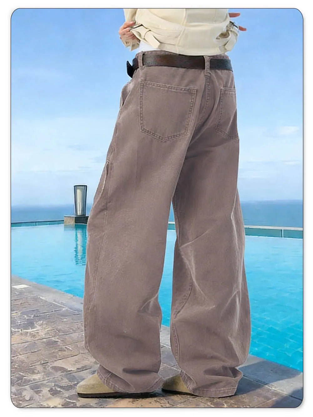 Spring Summer Retro Brown Baggy Wide Leg Casual Jeans 100% Cotton Daily Folded Splicing Deconstructed Casual Pants Unisex
