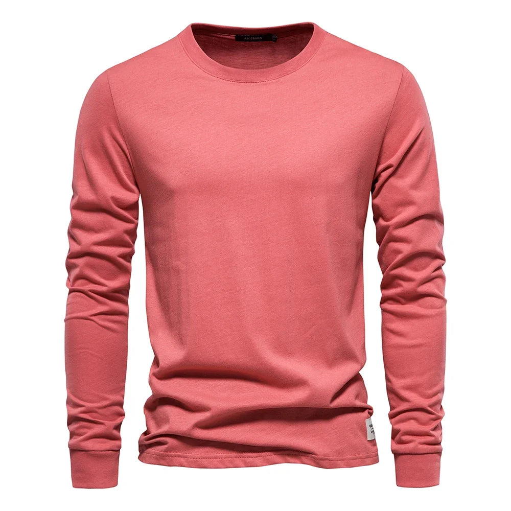 Solid Color Cotton T Shirt Men Casual O-neck Long Sleeved Mens Tshirts Spring Autumn High Quality Basic T-shirt Male