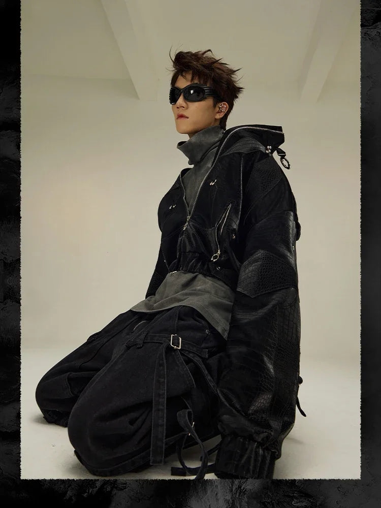 Spring Autumn Cool Handsome Crocodile Print Patchwork Pu Leather Jacket Men Color Block Luxury Designer Clothes 2024