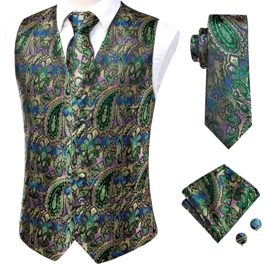 Luxury Mens Vests Black Gold Floral Jacquard Waistcoat Tie Hanky Cufflinks Brooch Set for Men Suit Wedding Office XL