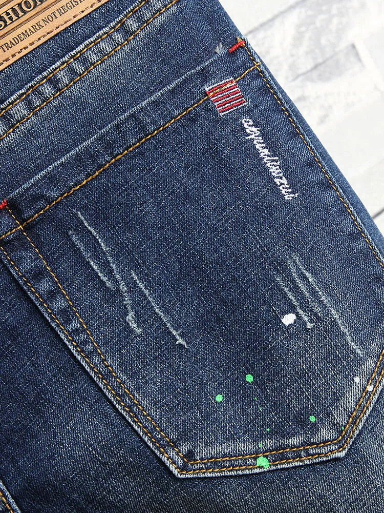 Men's Slim Fit Jeans Elastic Casual High Street Style Ripped Patchwork Pants Fashionable Tight Menswear Spring New Arrival