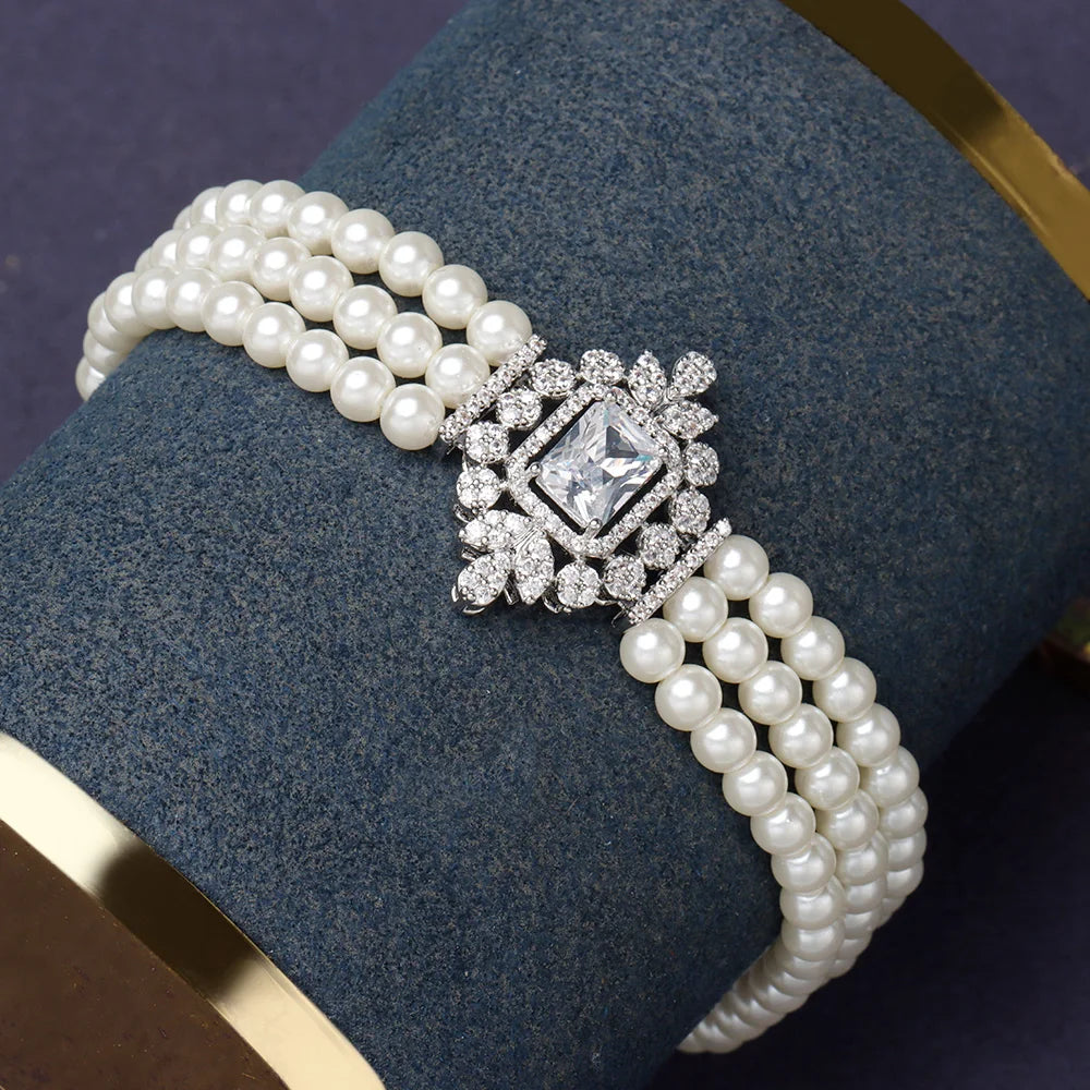 Gorgeous 5 Layered Imitation Pearl Choker with Planet Pendant Necklaces Bracelet Zircon 4PCS Jewelry Set for Women Wedding