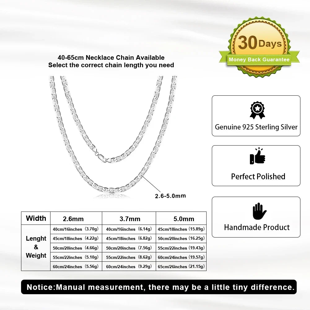 Italian 925 Sterling Silver 2.6mm 3.7mm 5.0mm Flat Mariner Chain Necklace for Women Men Fashion Silver Jewelry SC78