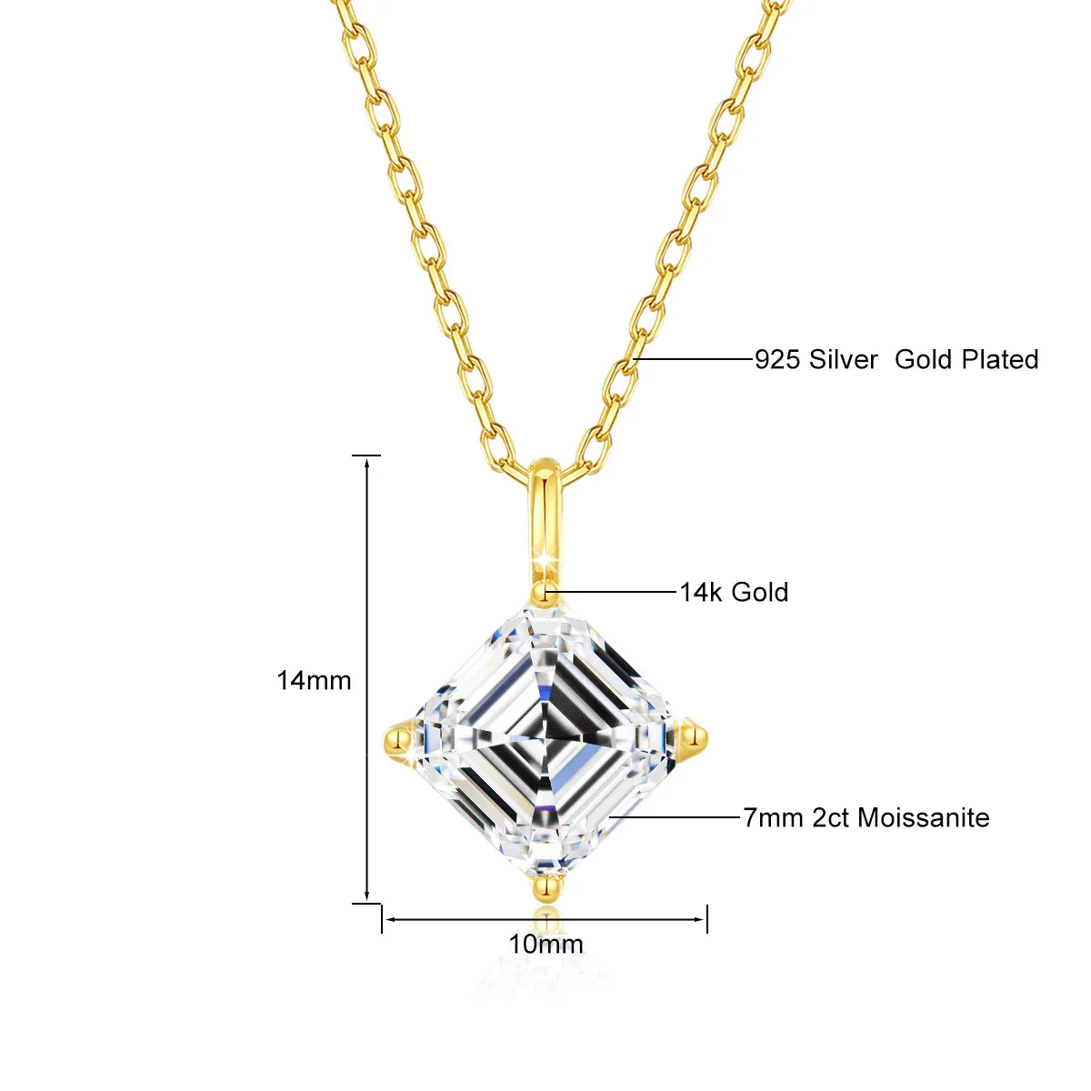 Certified 14K Gold Princess Cut Moissanite Pendant Necklace D Color VVS Square Lab Diamond Solitaire Choker Collarbone Chain