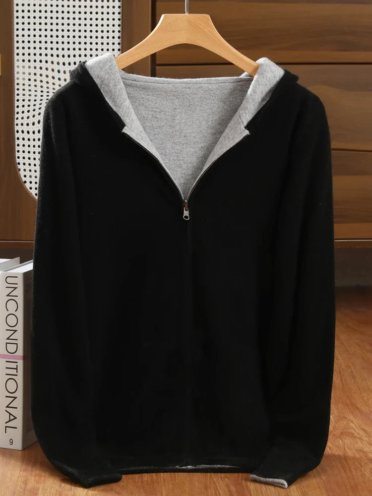 Double-Sided Hooded Zippered Men's Cashmere Cardigan Autumn and Winter Contrasting Color Thickened Loose Casual Knitted Sweater