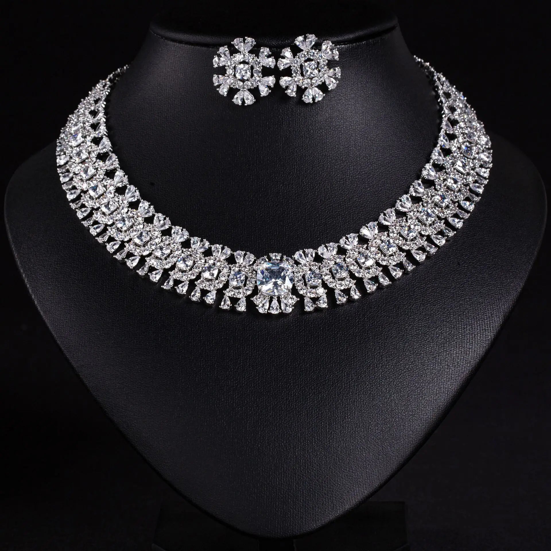 Sparkling Colourful Niche Delicate Flower Jewellery Necklace Earrings 2 Pcs Set Wedding Banquet Prom Bridal Women Dubai M-586