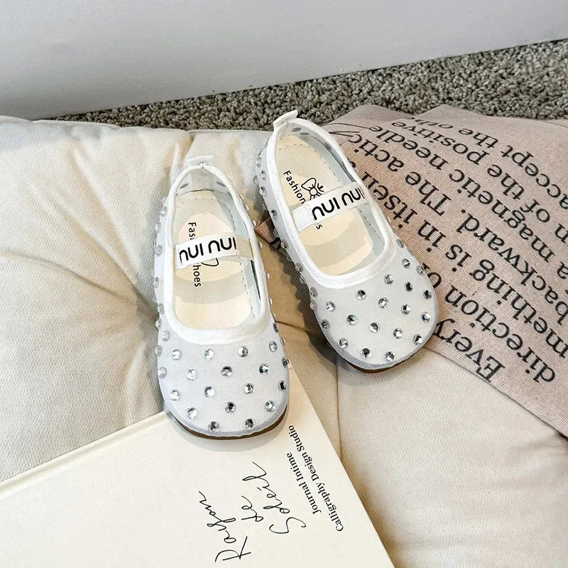 Summer Breathable Lace Mesh Ballet Flats Kids Girls Luxury Brand Design Crystal First Walkers Shoes Baby Children Bling Zapatos