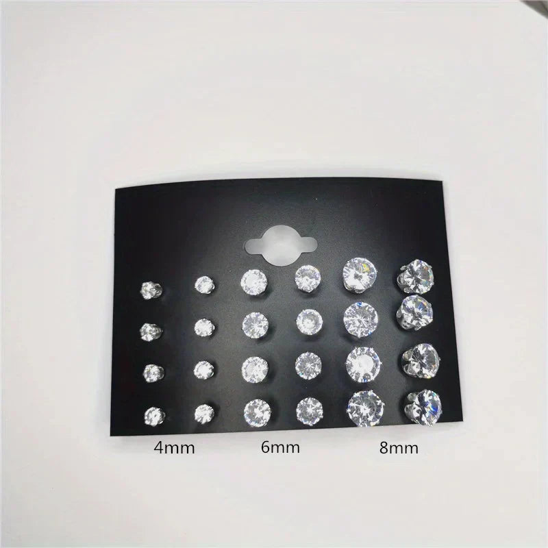 24pcs Cubic Zirconia Stud Earrings - Stainless Steel Claw Set for Men (12 Pairs)