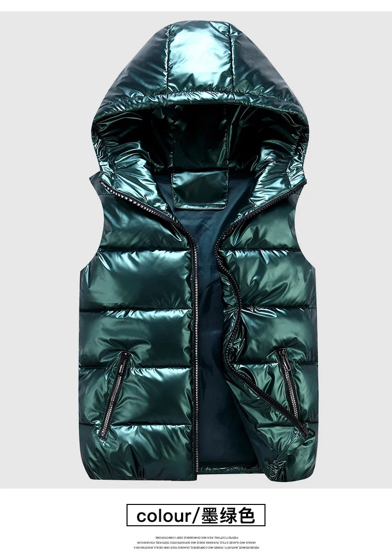 Classic Hooded Vest Man/Woman/Child Winter Hooded Glossy Cotton Vest Casual Waistcoat Men's Sleeveless Jacket Warm Overcoats Hat