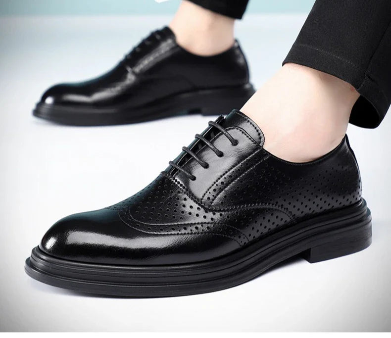 Spring Summer Hallow Leather Shoes for Men 3 6 8cm Increase Fashion Dress Shoes Male Black Business Casual Shoes Man