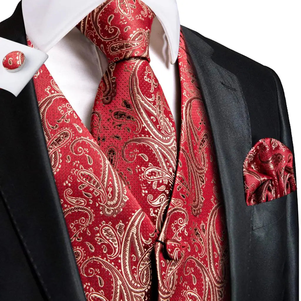 Fashion Silk Vest For Men Classic Gold Champane Yellow Waistcoat Jacket Tie Hankerchief Cufflinks Sets Dress Suit Wedding Hi-Tie