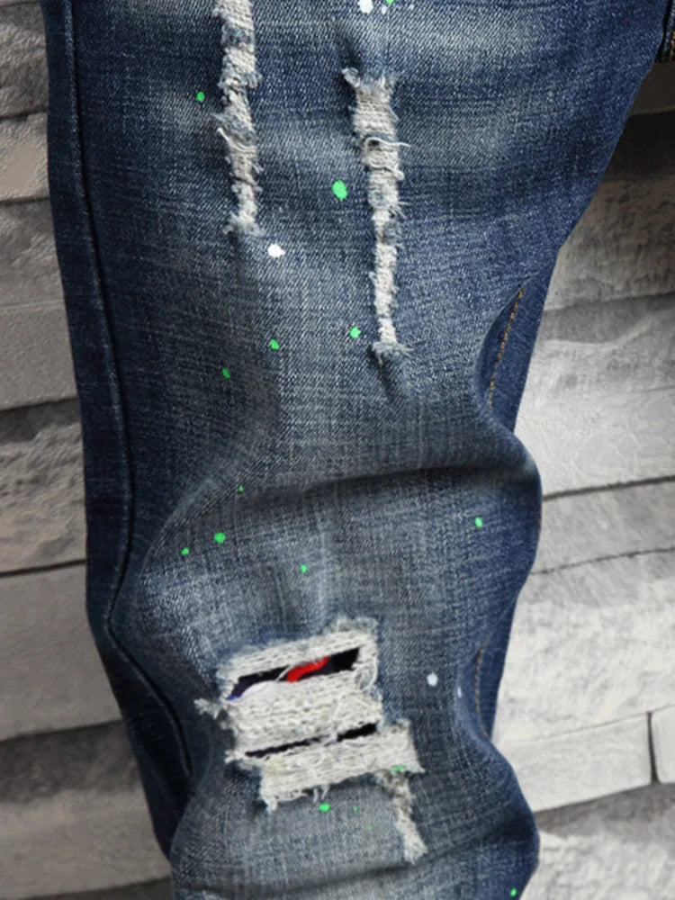 Men's Slim Fit Jeans Elastic Casual High Street Style Ripped Patchwork Pants Fashionable Tight Menswear Spring New Arrival