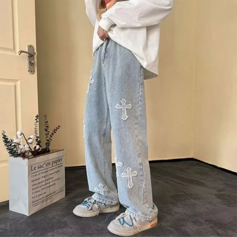 Vintage Men's Straight Jeans Cross Embroidery Casual Jeans Denim Loose Hip Hop Four Seasons Fashion Streetwear Pants Black Blue