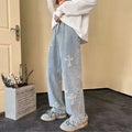 Vintage Men's Straight Jeans Cross Embroidery Casual Jeans Denim Loose Hip Hop Four Seasons Fashion Streetwear Pants Black Blue