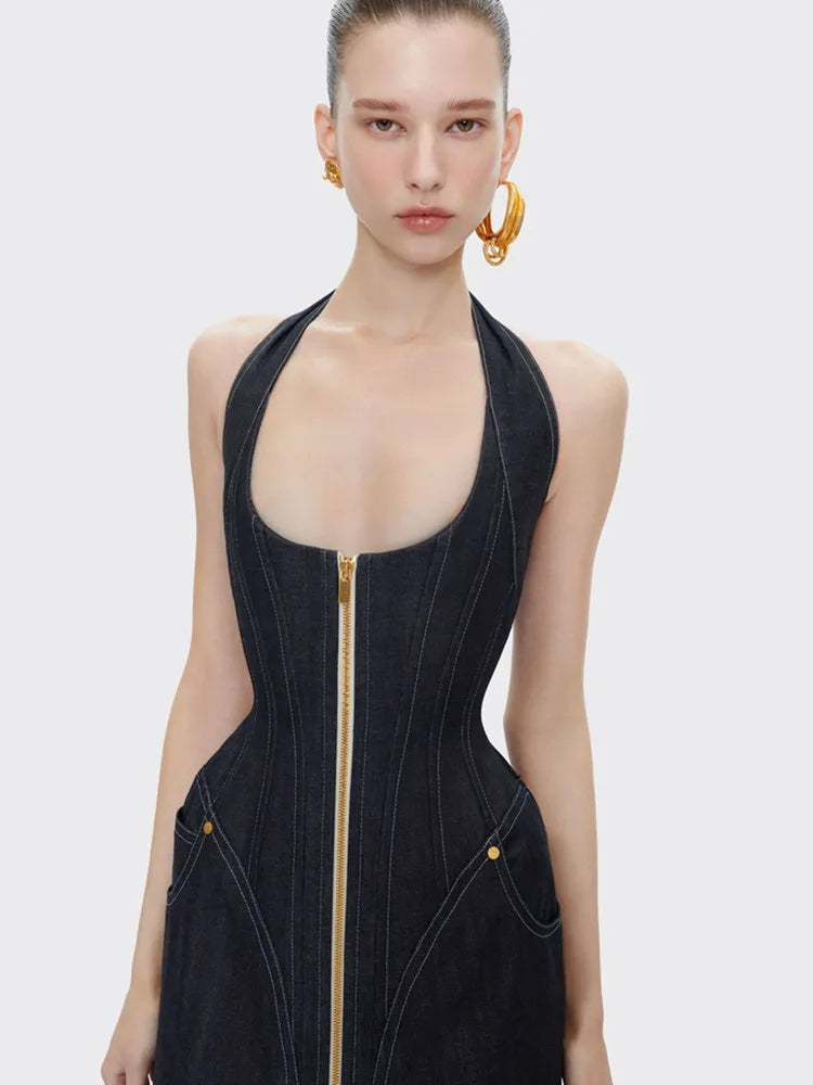 2025 New Women Celebrity Sexy Backless Halter Blue Zipper Denim Maxi Long Gowns Dress Elegant Evening Party Club Vestido