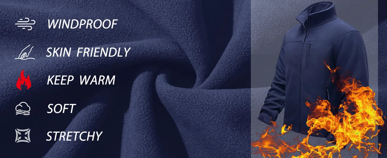 Men's Thermal Warm Fleece Jacket Stand Collar Full Zip Windbreaker Multiple-pockets Outerwear Working Hiking Coat