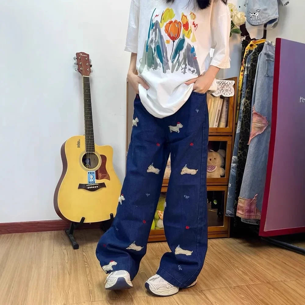 Embroidered Dog Wide Leg Jeans High Waist Loose Straight Tube Pants