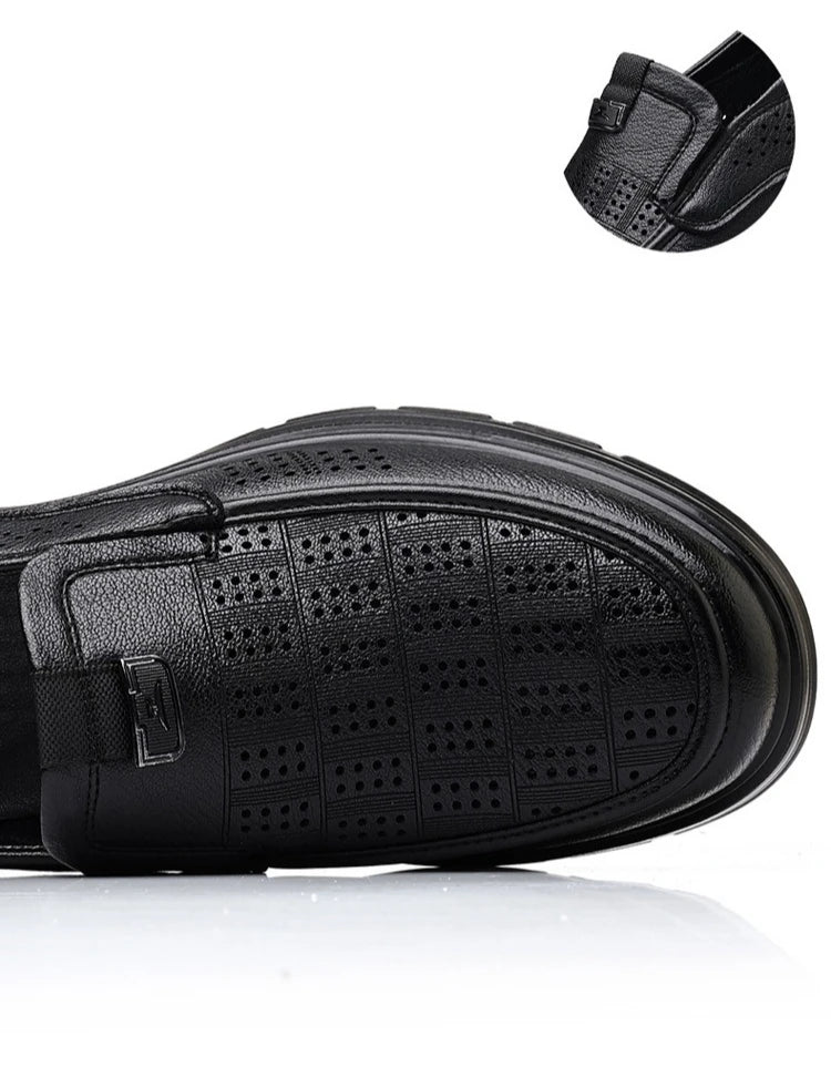 Men's Summer Breathable Leather Loafers Brown Hollow Out Slip-On Shoes Male Thick Sole Comfortable Non-slip Work Shoes for Man