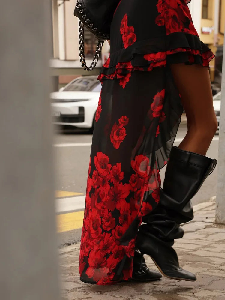 2025 Summer Fashion Women's Straps Dresses Print Asymmetrical Chiffon Floral Streetwear Skinny Trailing Yk2 Vestidos