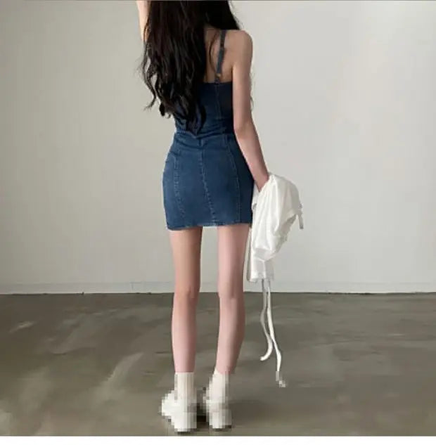 Summer Chic Design Off-oulder Denim Dr Women's Sexy Waist-Cinching Belted ort Skirt A-Line Cotton High Waist Korean Sle