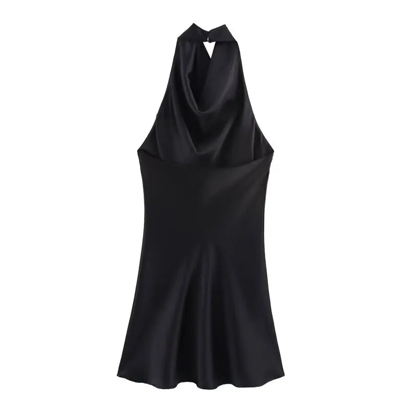 Silk Satin Texture Summer New Arrival Women's  Dr Hanging Ne Collar Gown Soft A-Line Skirt High Waist Pure Color