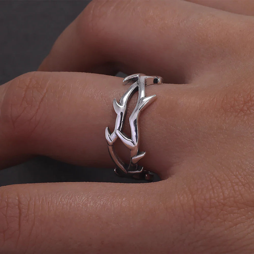 925 Sterling Silver Gothic Thorn Couple Rings for Women Men Punk Retro Cool Spiky Finger Ring Adjustable Hip-hop Y2k Jewelry