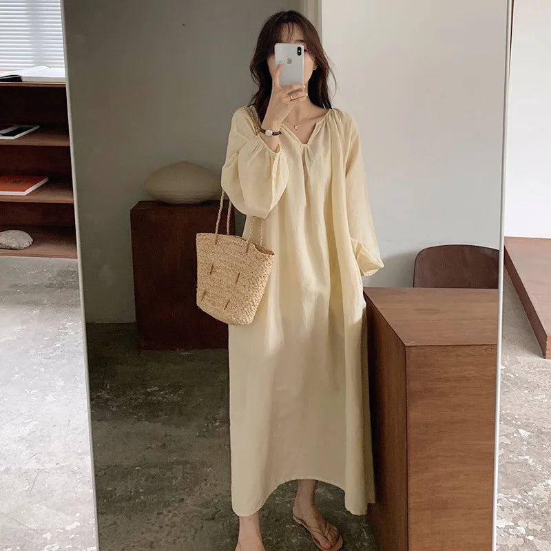 Vintage 100% Cotton Women Dress V Neck Long Sleeve Korean Jananse Pajama Dresses Ladies Comfortable Homewear Wearable Outside