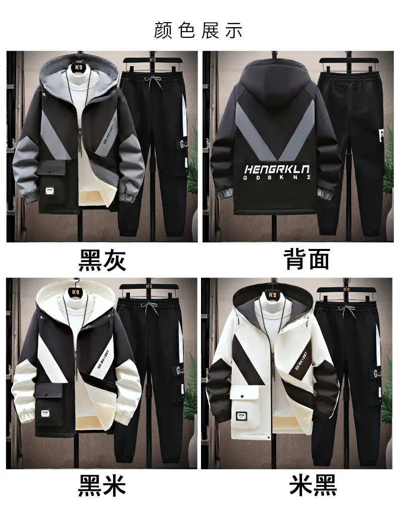 Winter Tracksuit Men Warm Sports Printed Thick Suit Mens Casual Hooded jacket+Pants Sweatsuit Male 2 Piece Sportswear