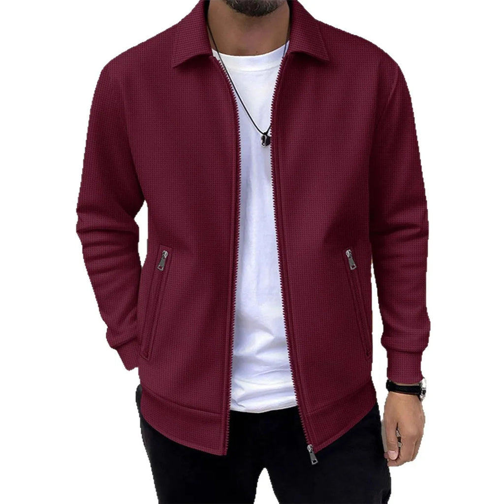 Men's Slim-fit Cardigan Solid-color Lapel Waffle Texture Zipper Pocket Casual Spring/Autumn 2025 Fashion