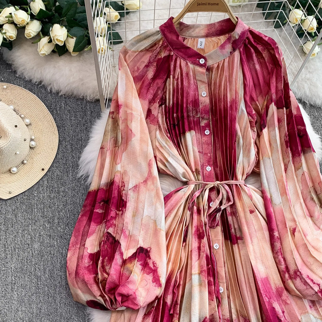 Printed round Ne Lantern Sve Dr Women's Single Button Waist Cinch Maxi Skirt Long Dr Commute Sle Autumn