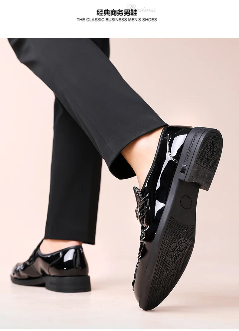 Men's Brown Crocodile Pattern Dress Shoes Patent Leather Slip-on Loafers Formal Business Wedding Oxfords for Men