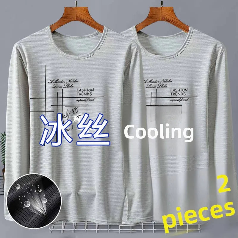 New 2025 Men's Ice Silk Breathable Sun Protection Hollow out Thin Long Sleeve Casual Sports T-Shirt Large Size Loose Fit