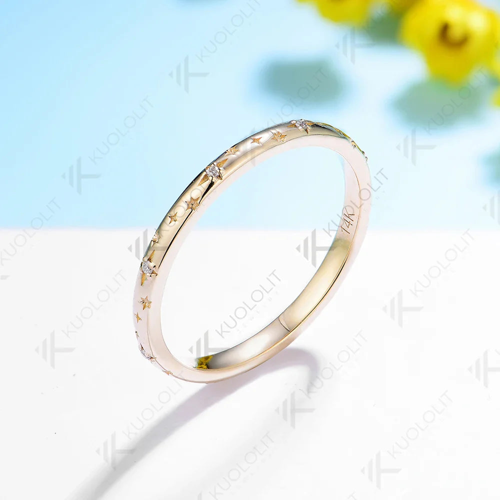 Moissanite Band Rings for Women Men Solid 18K 14K 10K 925 Silver Yellow Gold Star Carving for Anniversary Engagement