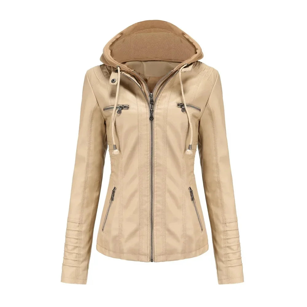 Women’s hooded jacket coat set, detachable design, faux leather, spring autumn, regular fit, L–XXL
