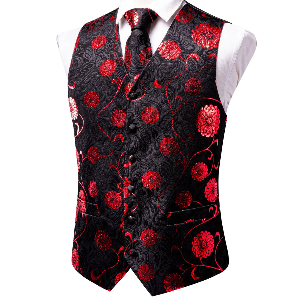 Black Red Floral Mens Vest Tie Set Jacquard Waistcoat Sleeveless Jacket Necktie Hanky Cufflinks Wedding Business XXL