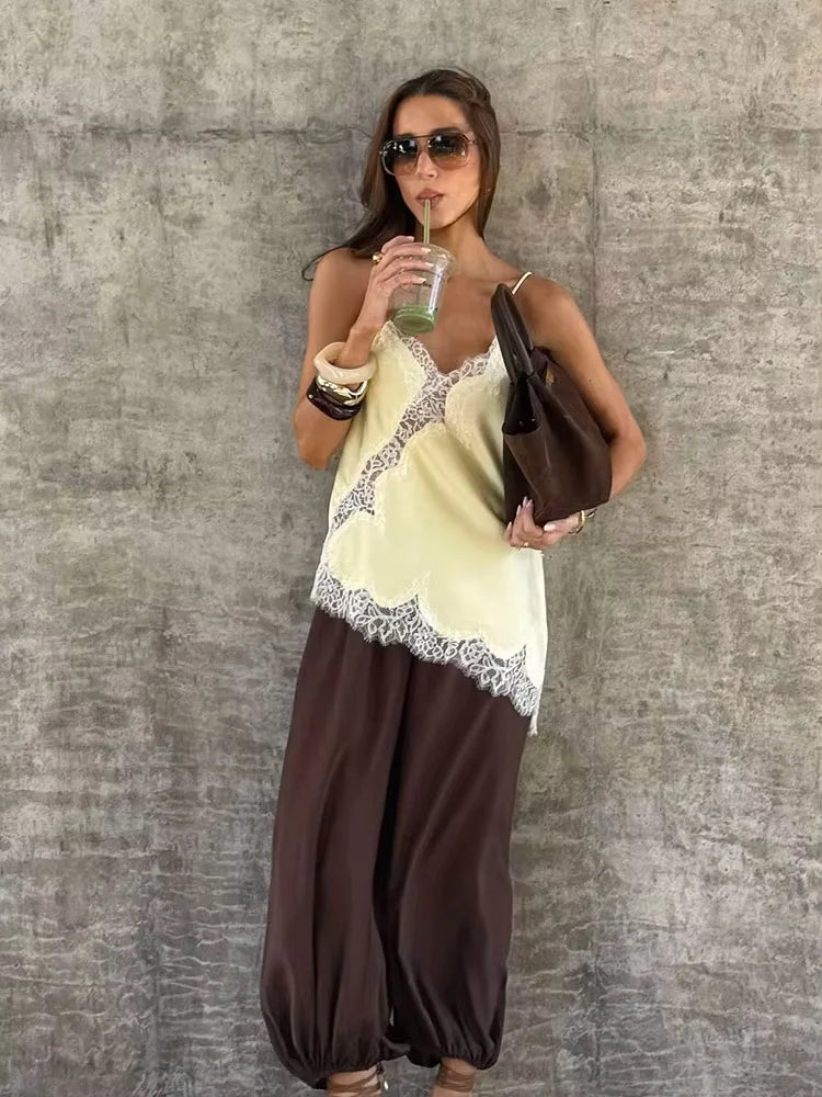 Women Fashion Lace Patchwork Straps Top Irregular Hem Spaghetti Straps V-Neck Hollow Sexy Tops 2026 Summer Night Date Wear