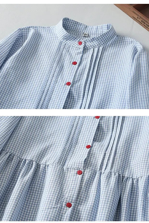 Sweet Japanese Sle Cotton Linen Plaid Long Sve Dr Women Spring Autumn Slimming Doll Dr Cardigan Stand Collar Long ...