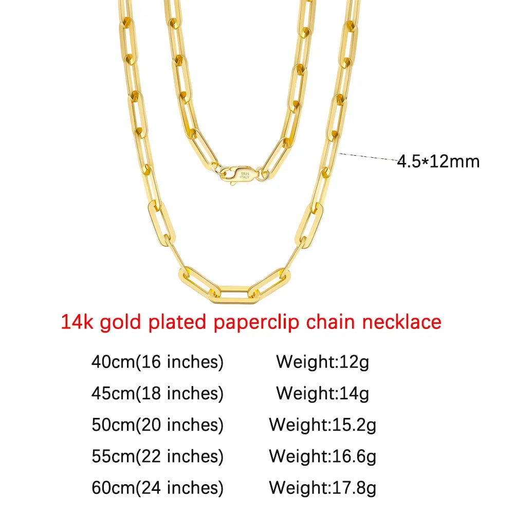 14K Gold Plated Genuine 925 Sterling Silver Paperclip Neck Chain 6/9.3/12mm Link Necklace for Women Men Jewelry SC39