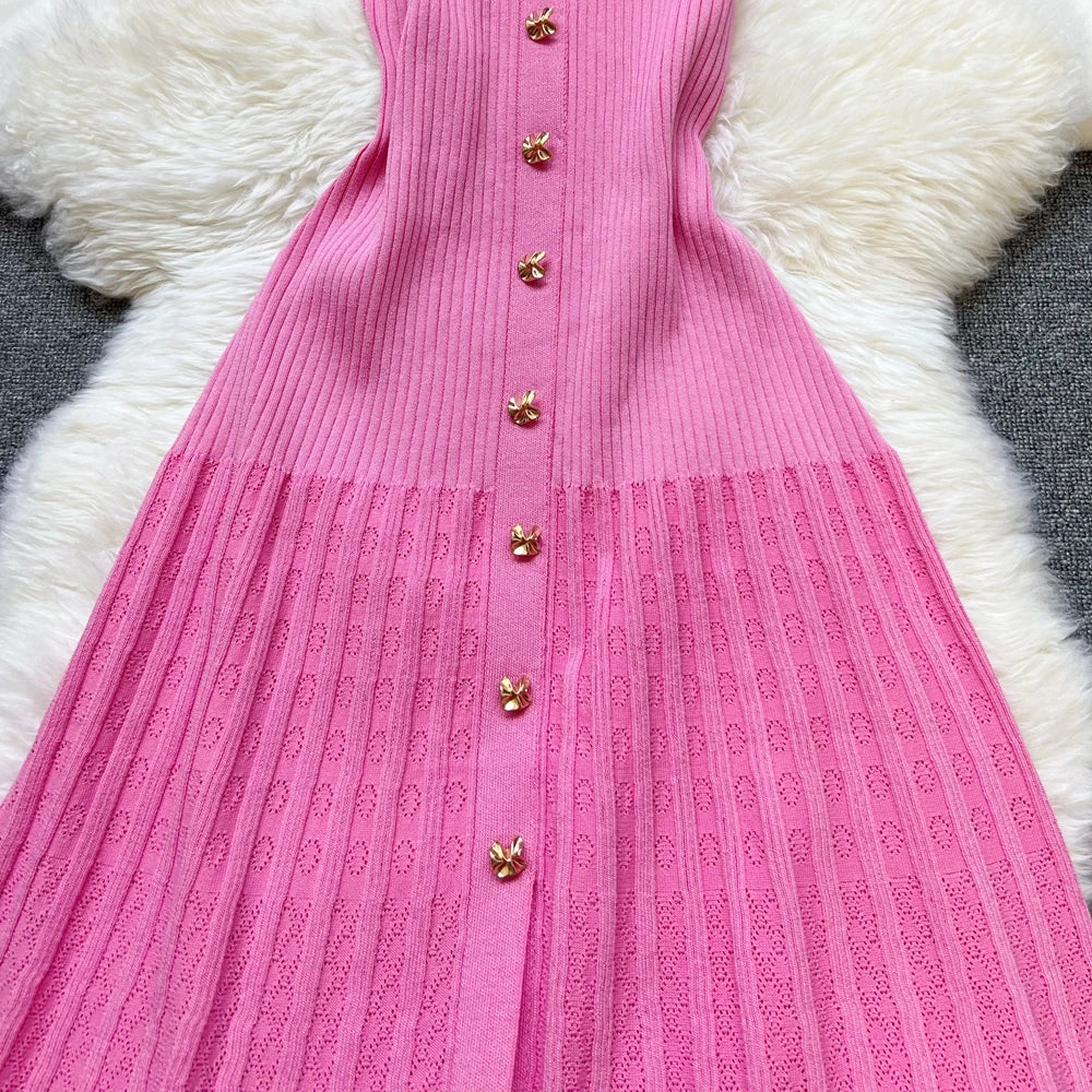 Brand Fashion Elegant Patchwork Knitted Long Dress Spring Summer Women Luxury Shirt Sweater Dress Lady Party Vestido