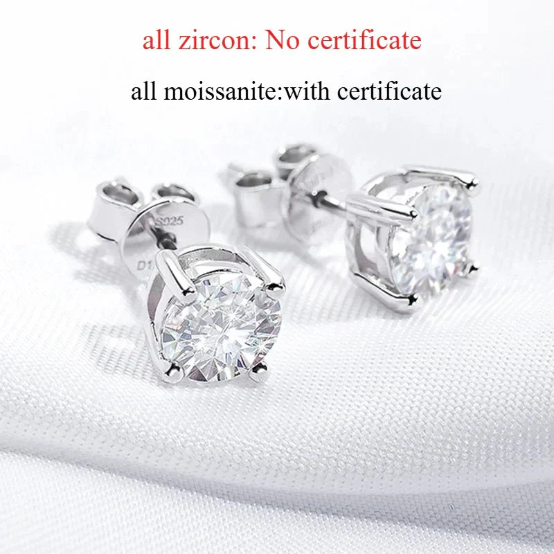 Certified 0.1-7CT 4-claws Moissanite Stud Earrings for Women Brilliant Cut Sparkling Lab Diamond Earring Pure 925 Silver